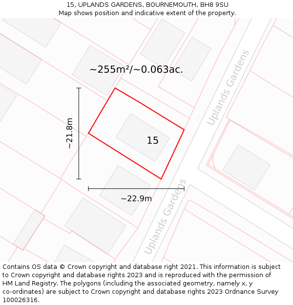 15, UPLANDS GARDENS, BOURNEMOUTH, BH8 9SU: Plot and title map