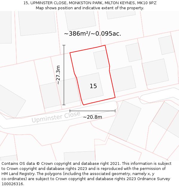 15, UPMINSTER CLOSE, MONKSTON PARK, MILTON KEYNES, MK10 9PZ: Plot and title map