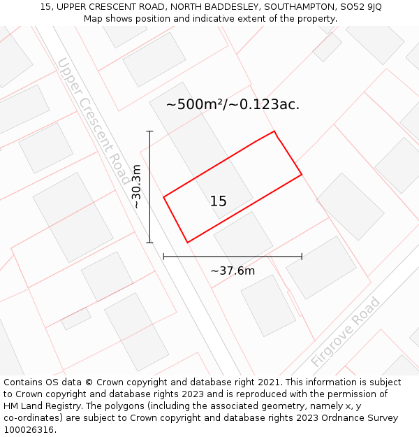 15, UPPER CRESCENT ROAD, NORTH BADDESLEY, SOUTHAMPTON, SO52 9JQ: Plot and title map