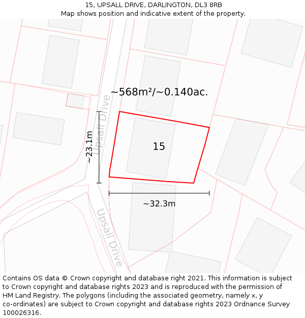 15, UPSALL DRIVE, DARLINGTON, DL3 8RB: Plot and title map