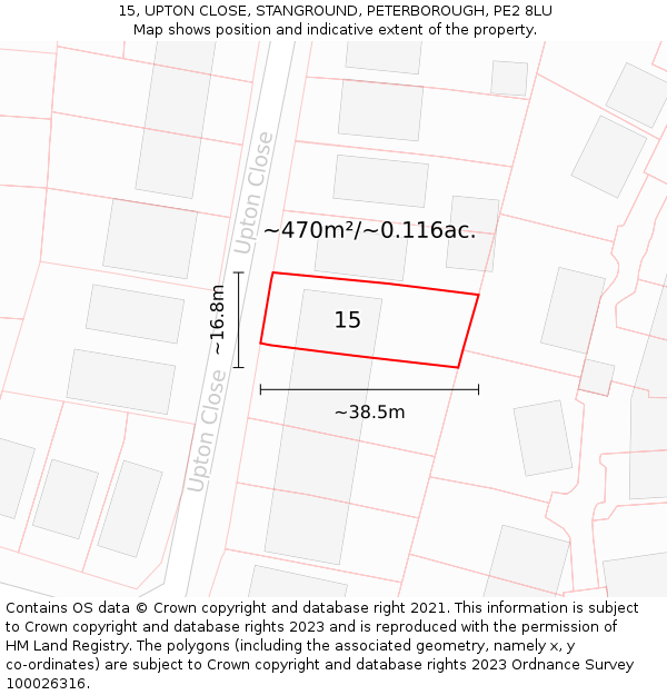 15, UPTON CLOSE, STANGROUND, PETERBOROUGH, PE2 8LU: Plot and title map