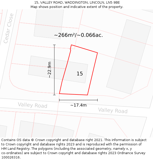 15, VALLEY ROAD, WADDINGTON, LINCOLN, LN5 9BE: Plot and title map