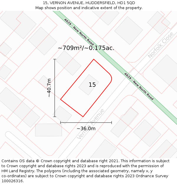 15, VERNON AVENUE, HUDDERSFIELD, HD1 5QD: Plot and title map
