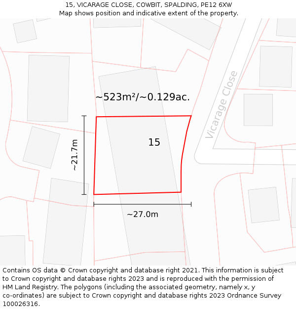 15, VICARAGE CLOSE, COWBIT, SPALDING, PE12 6XW: Plot and title map