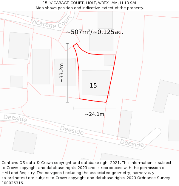 15, VICARAGE COURT, HOLT, WREXHAM, LL13 9AL: Plot and title map