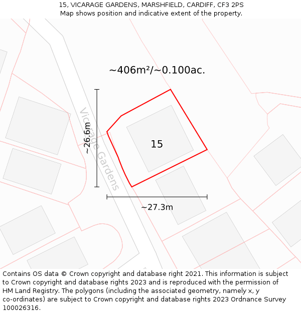 15, VICARAGE GARDENS, MARSHFIELD, CARDIFF, CF3 2PS: Plot and title map