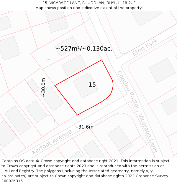 15, VICARAGE LANE, RHUDDLAN, RHYL, LL18 2UF: Plot and title map