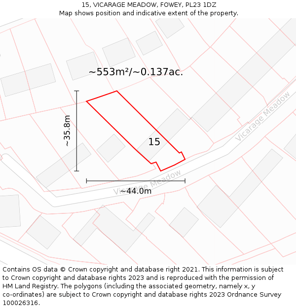 15, VICARAGE MEADOW, FOWEY, PL23 1DZ: Plot and title map