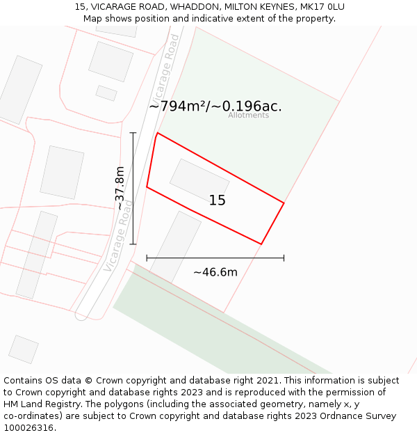 15, VICARAGE ROAD, WHADDON, MILTON KEYNES, MK17 0LU: Plot and title map