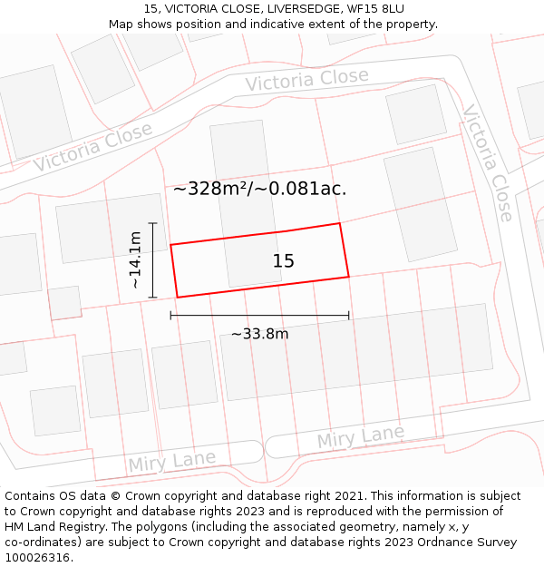 15, VICTORIA CLOSE, LIVERSEDGE, WF15 8LU: Plot and title map