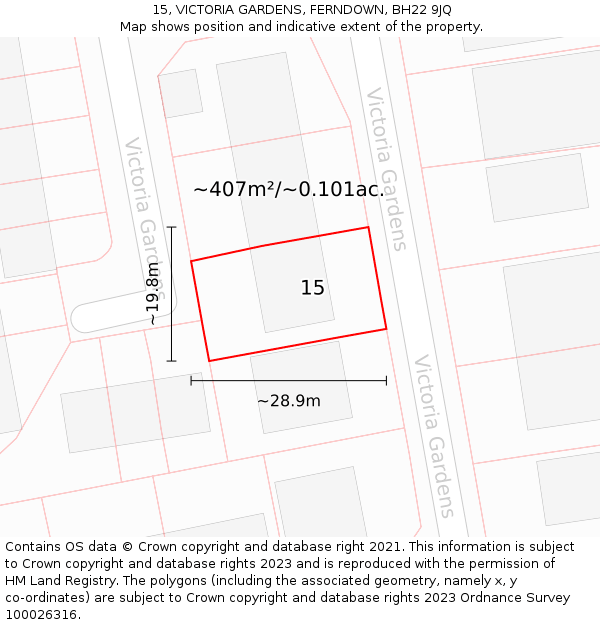 15, VICTORIA GARDENS, FERNDOWN, BH22 9JQ: Plot and title map