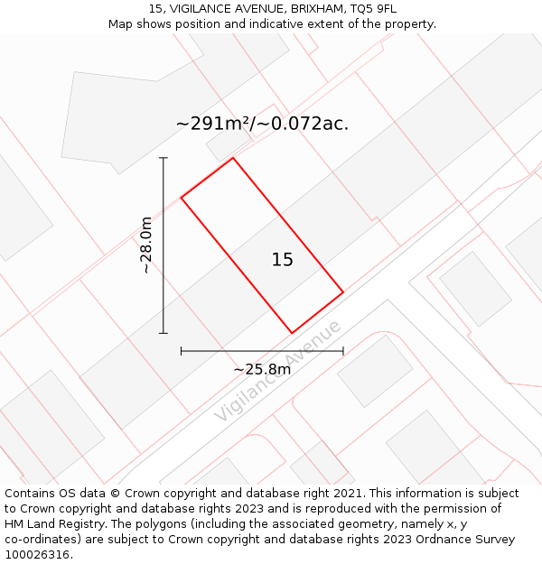 15, VIGILANCE AVENUE, BRIXHAM, TQ5 9FL: Plot and title map