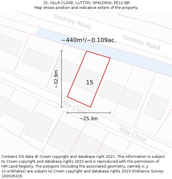 15, VILLA CLOSE, LUTTON, SPALDING, PE12 9JR: Plot and title map