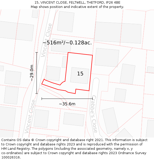15, VINCENT CLOSE, FELTWELL, THETFORD, IP26 4BE: Plot and title map