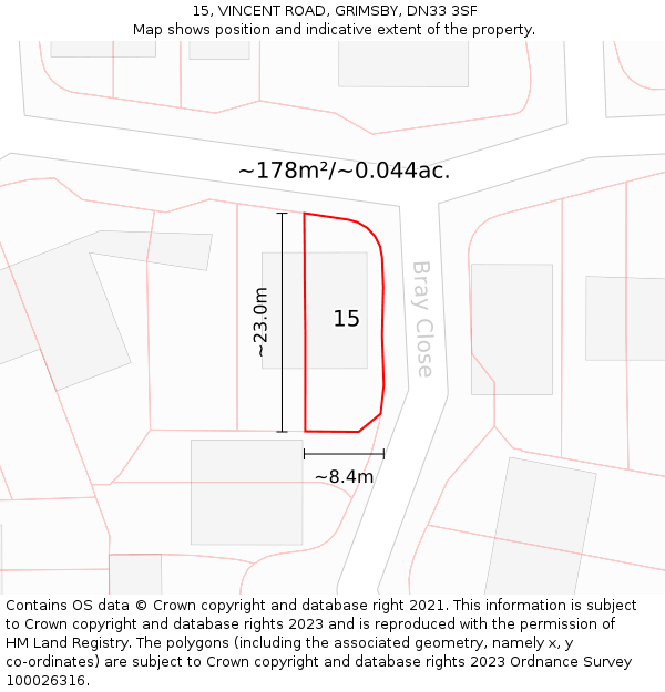 15, VINCENT ROAD, GRIMSBY, DN33 3SF: Plot and title map