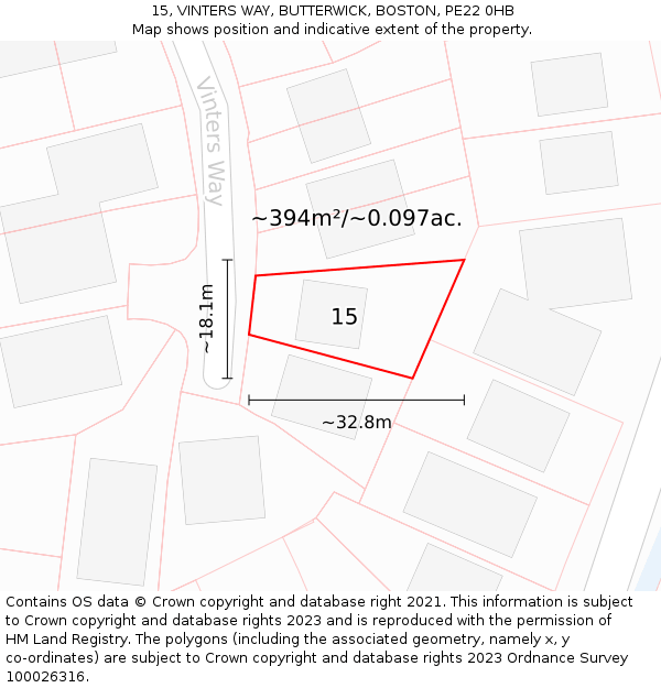 15, VINTERS WAY, BUTTERWICK, BOSTON, PE22 0HB: Plot and title map