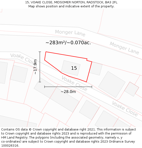 15, VOAKE CLOSE, MIDSOMER NORTON, RADSTOCK, BA3 2FL: Plot and title map