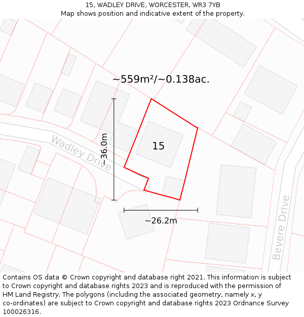 15, WADLEY DRIVE, WORCESTER, WR3 7YB: Plot and title map