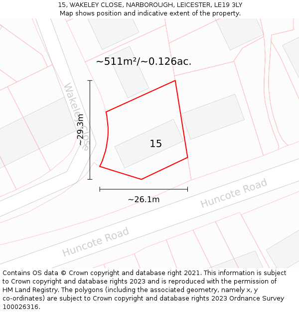 15, WAKELEY CLOSE, NARBOROUGH, LEICESTER, LE19 3LY: Plot and title map