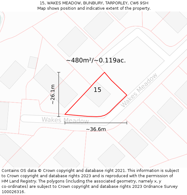 15, WAKES MEADOW, BUNBURY, TARPORLEY, CW6 9SH: Plot and title map