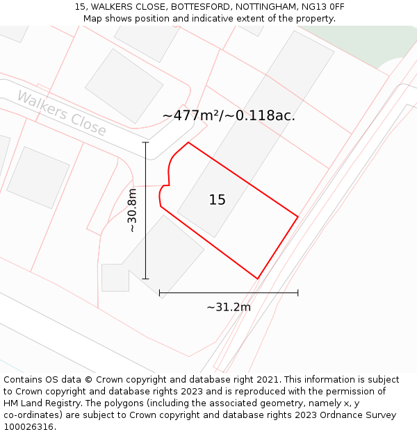 15, WALKERS CLOSE, BOTTESFORD, NOTTINGHAM, NG13 0FF: Plot and title map