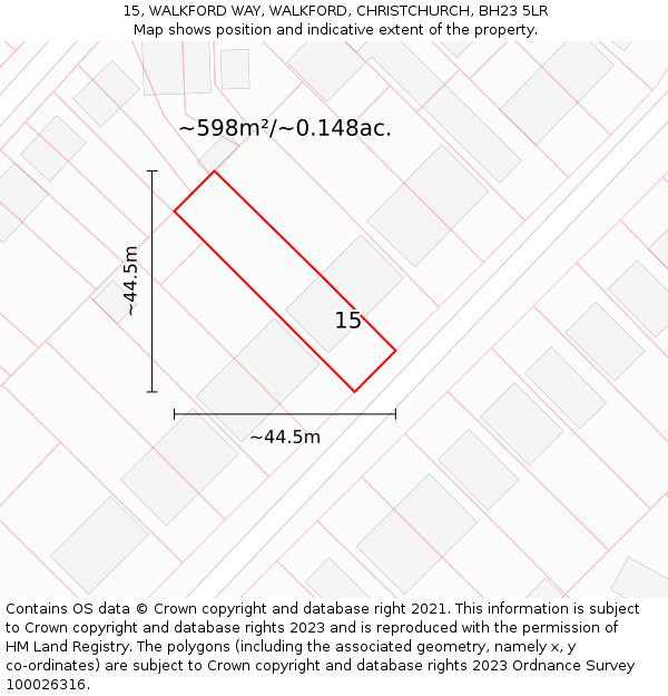 15, WALKFORD WAY, WALKFORD, CHRISTCHURCH, BH23 5LR: Plot and title map