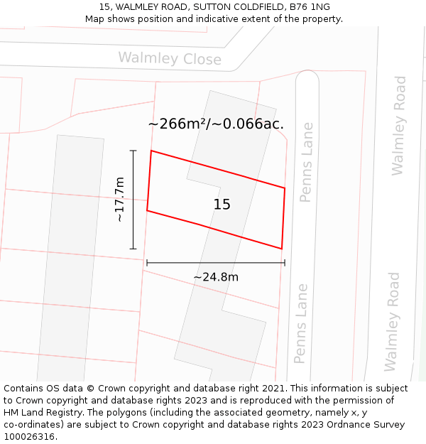 15, WALMLEY ROAD, SUTTON COLDFIELD, B76 1NG: Plot and title map