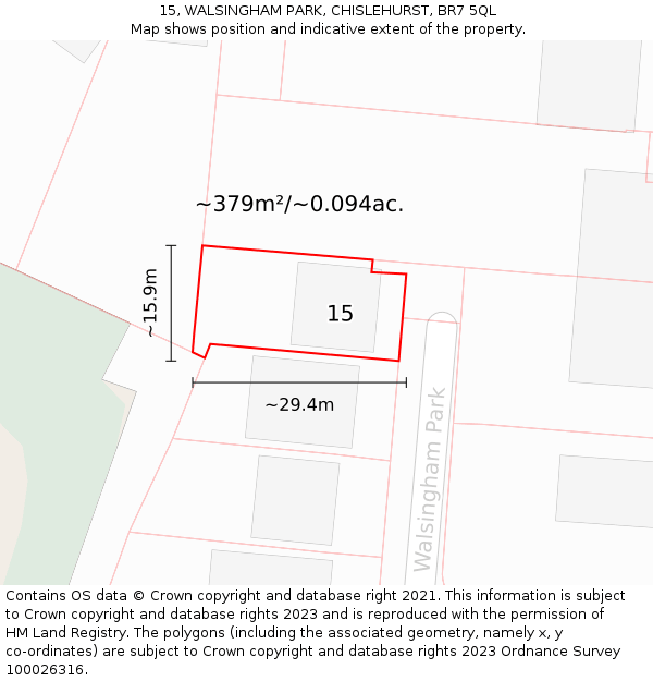 15, WALSINGHAM PARK, CHISLEHURST, BR7 5QL: Plot and title map