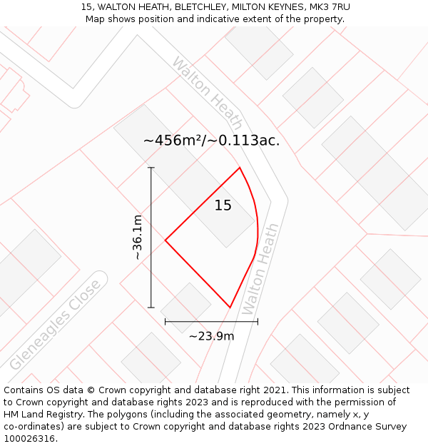 15, WALTON HEATH, BLETCHLEY, MILTON KEYNES, MK3 7RU: Plot and title map
