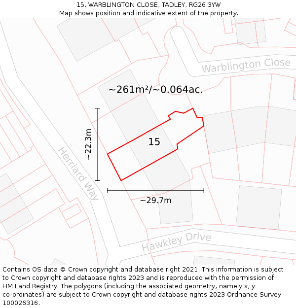 15, WARBLINGTON CLOSE, TADLEY, RG26 3YW: Plot and title map