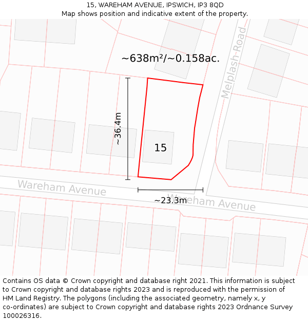 15, WAREHAM AVENUE, IPSWICH, IP3 8QD: Plot and title map