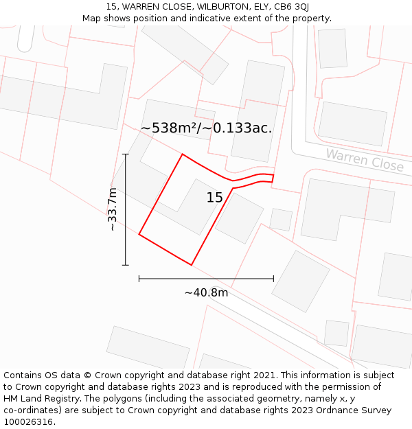 15, WARREN CLOSE, WILBURTON, ELY, CB6 3QJ: Plot and title map