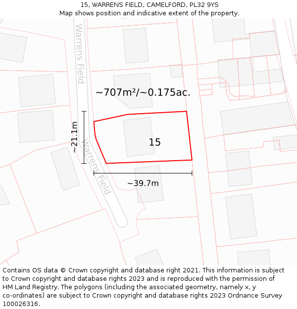 15, WARRENS FIELD, CAMELFORD, PL32 9YS: Plot and title map