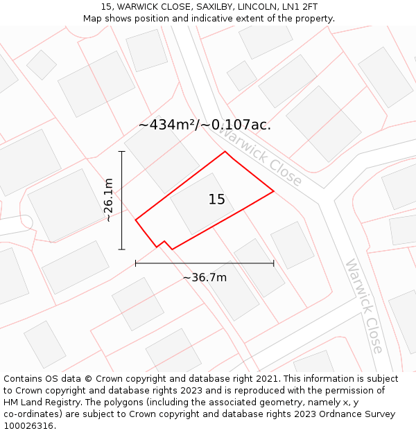 15, WARWICK CLOSE, SAXILBY, LINCOLN, LN1 2FT: Plot and title map