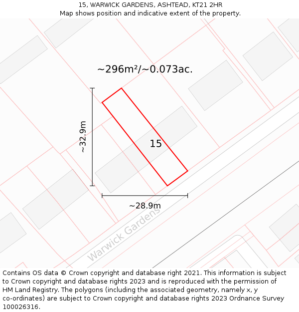 15, WARWICK GARDENS, ASHTEAD, KT21 2HR: Plot and title map