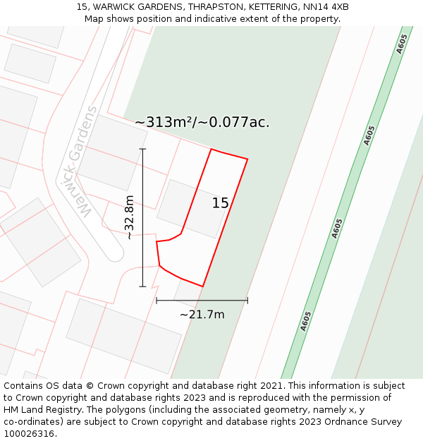 15, WARWICK GARDENS, THRAPSTON, KETTERING, NN14 4XB: Plot and title map