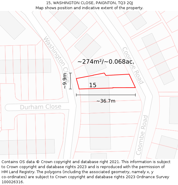 15, WASHINGTON CLOSE, PAIGNTON, TQ3 2QJ: Plot and title map