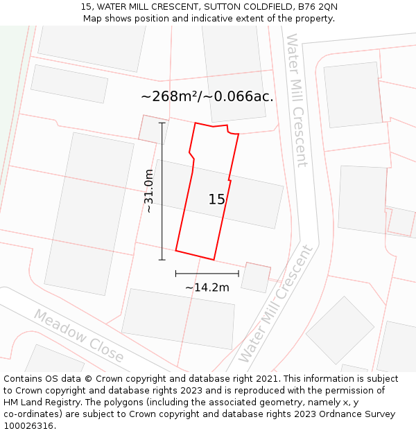 15, WATER MILL CRESCENT, SUTTON COLDFIELD, B76 2QN: Plot and title map
