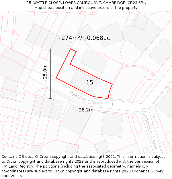 15, WATTLE CLOSE, LOWER CAMBOURNE, CAMBRIDGE, CB23 6BU: Plot and title map