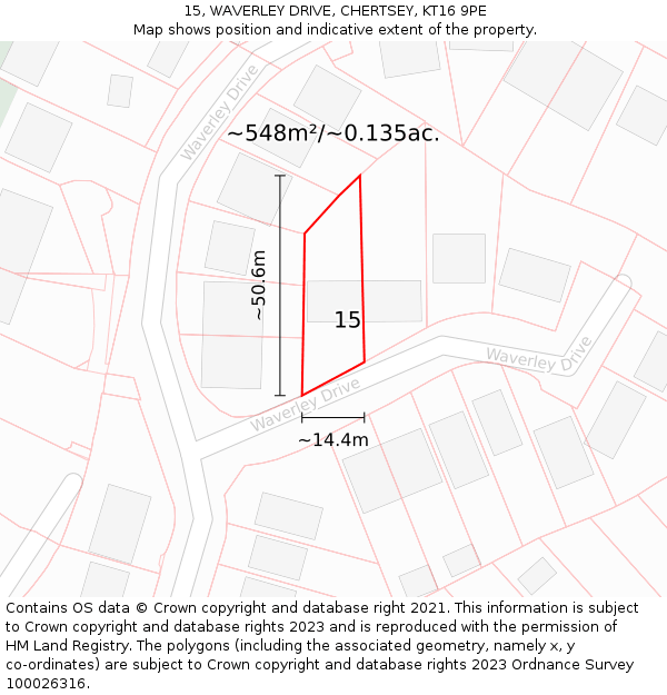 15, WAVERLEY DRIVE, CHERTSEY, KT16 9PE: Plot and title map