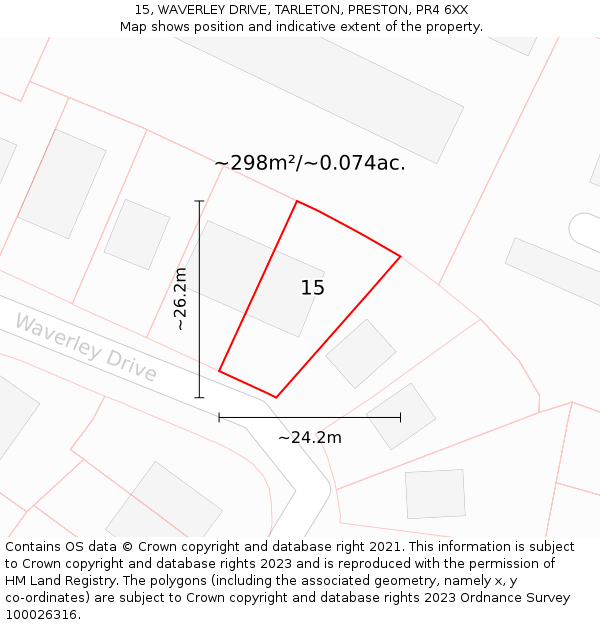 15, WAVERLEY DRIVE, TARLETON, PRESTON, PR4 6XX: Plot and title map