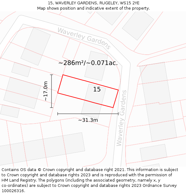 15, WAVERLEY GARDENS, RUGELEY, WS15 2YE: Plot and title map