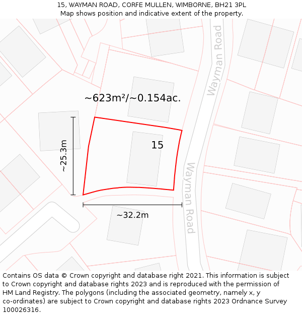 15, WAYMAN ROAD, CORFE MULLEN, WIMBORNE, BH21 3PL: Plot and title map