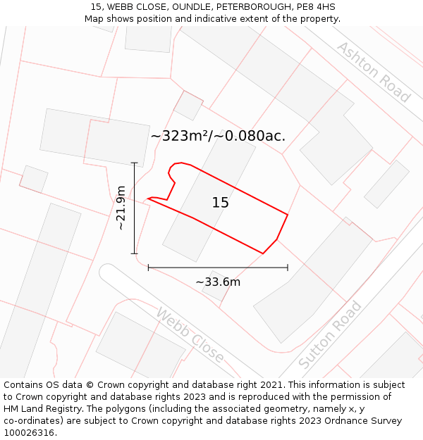 15, WEBB CLOSE, OUNDLE, PETERBOROUGH, PE8 4HS: Plot and title map