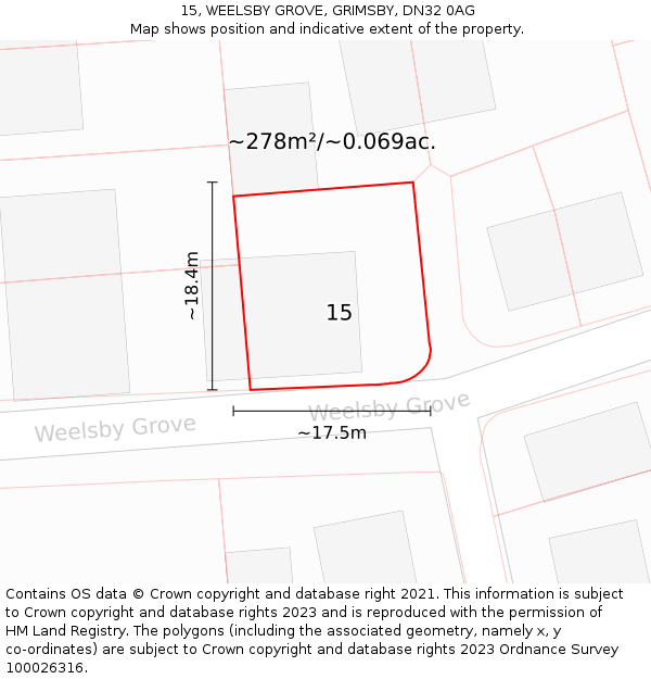 15, WEELSBY GROVE, GRIMSBY, DN32 0AG: Plot and title map