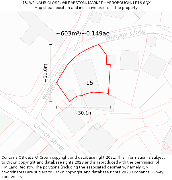 15, WEINAHR CLOSE, WILBARSTON, MARKET HARBOROUGH, LE16 8QX: Plot and title map