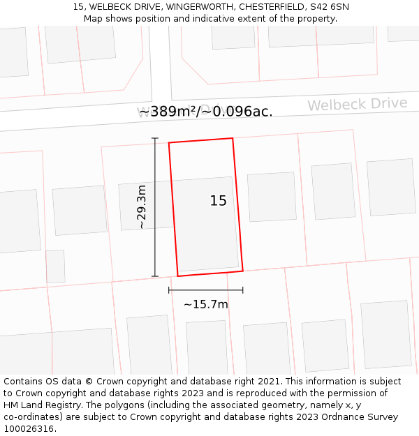 15, WELBECK DRIVE, WINGERWORTH, CHESTERFIELD, S42 6SN: Plot and title map