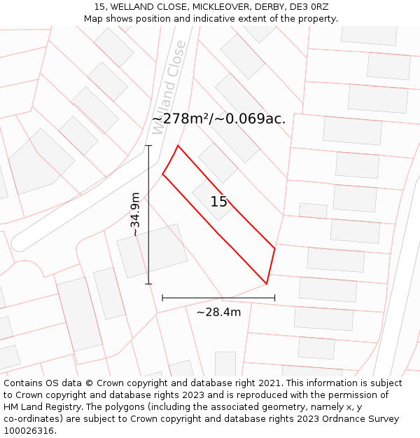 15, WELLAND CLOSE, MICKLEOVER, DERBY, DE3 0RZ: Plot and title map