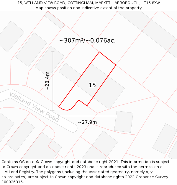 15, WELLAND VIEW ROAD, COTTINGHAM, MARKET HARBOROUGH, LE16 8XW: Plot and title map