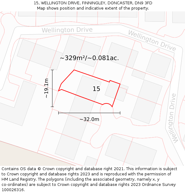 15, WELLINGTON DRIVE, FINNINGLEY, DONCASTER, DN9 3FD: Plot and title map